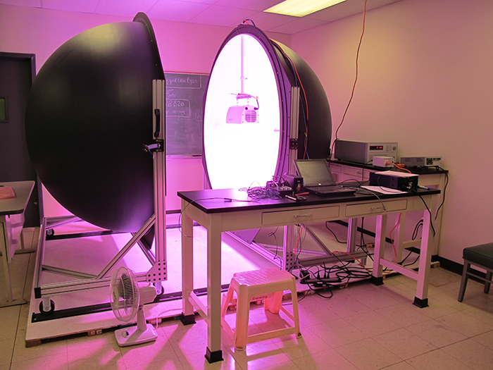 Rutgers University researchers used an integrating sphere to measure the luminous flux (lumens) and spectral distribution of lights.